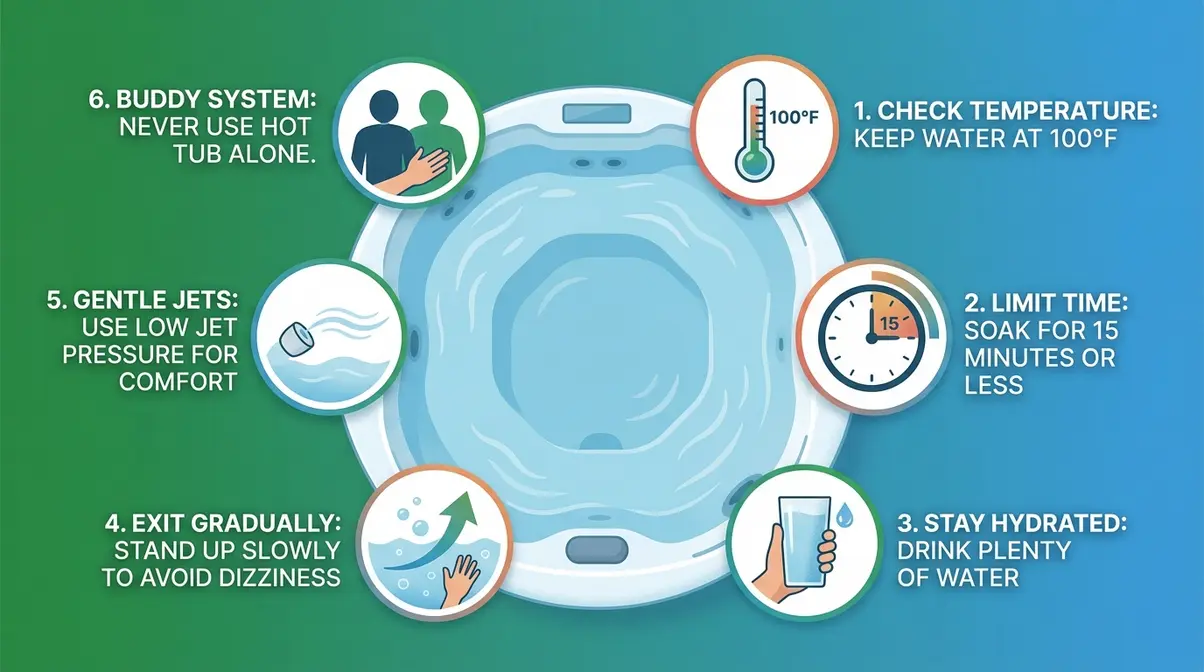 Hot Tub on Blood Thinners: Is It Safe? 6-Step Guide 2 Six-rule Safe Soak Protocol overview diagram for hot tub use on blood thinners anticoagulant therapy