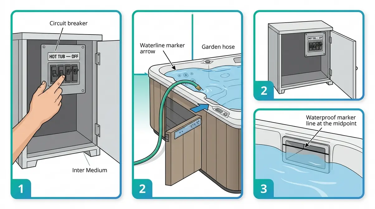 Three-step diagram showing turning off hot tub power, draining water to mid-skimmer level with a garden hose