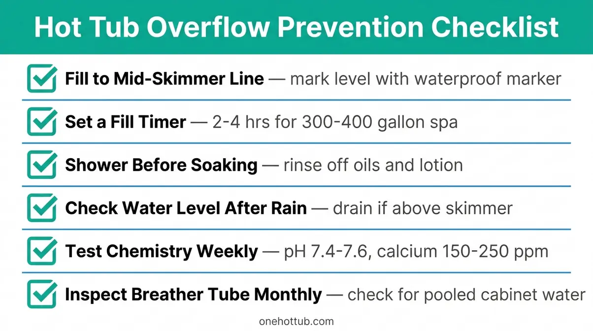 Six-step hot tub overflow prevention checklist covering water level, fill timer, chemistry, and breather tube inspection