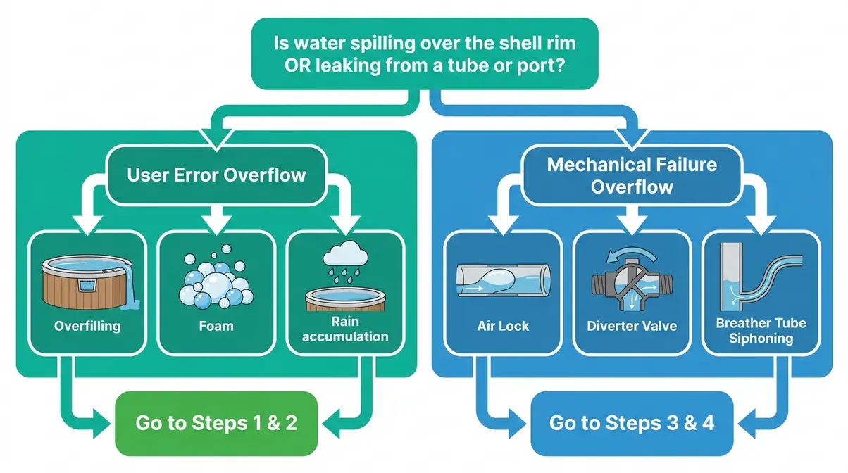 Flowchart showing two-path hot tub overflow diagnosis — user error versus mechanical failure decision tree