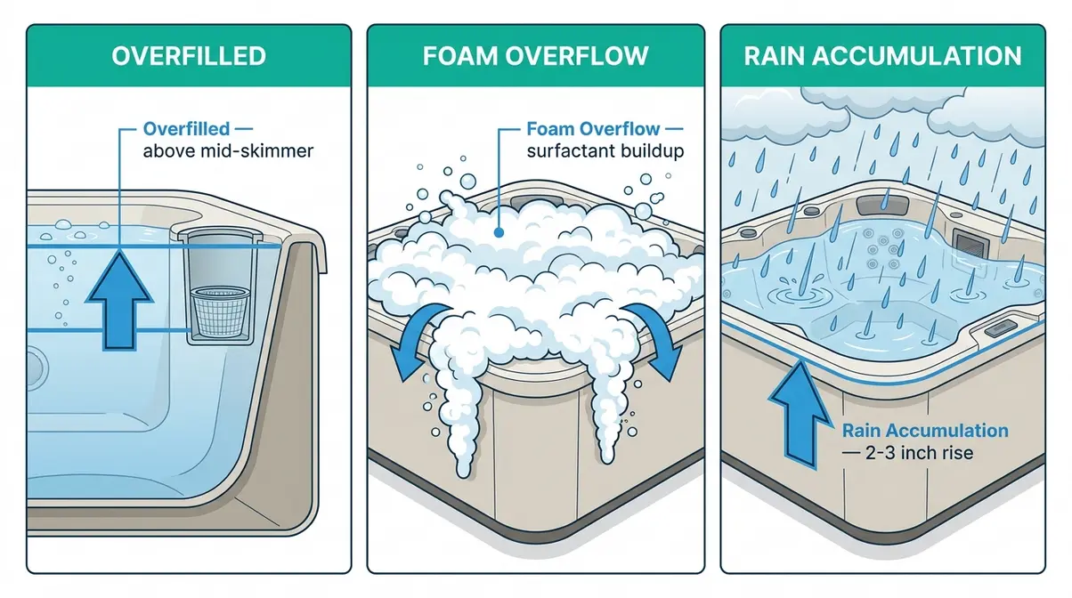 Three-panel diagram of user-error hot tub overflow causes — overfilling, foam buildup, and rain accumulation