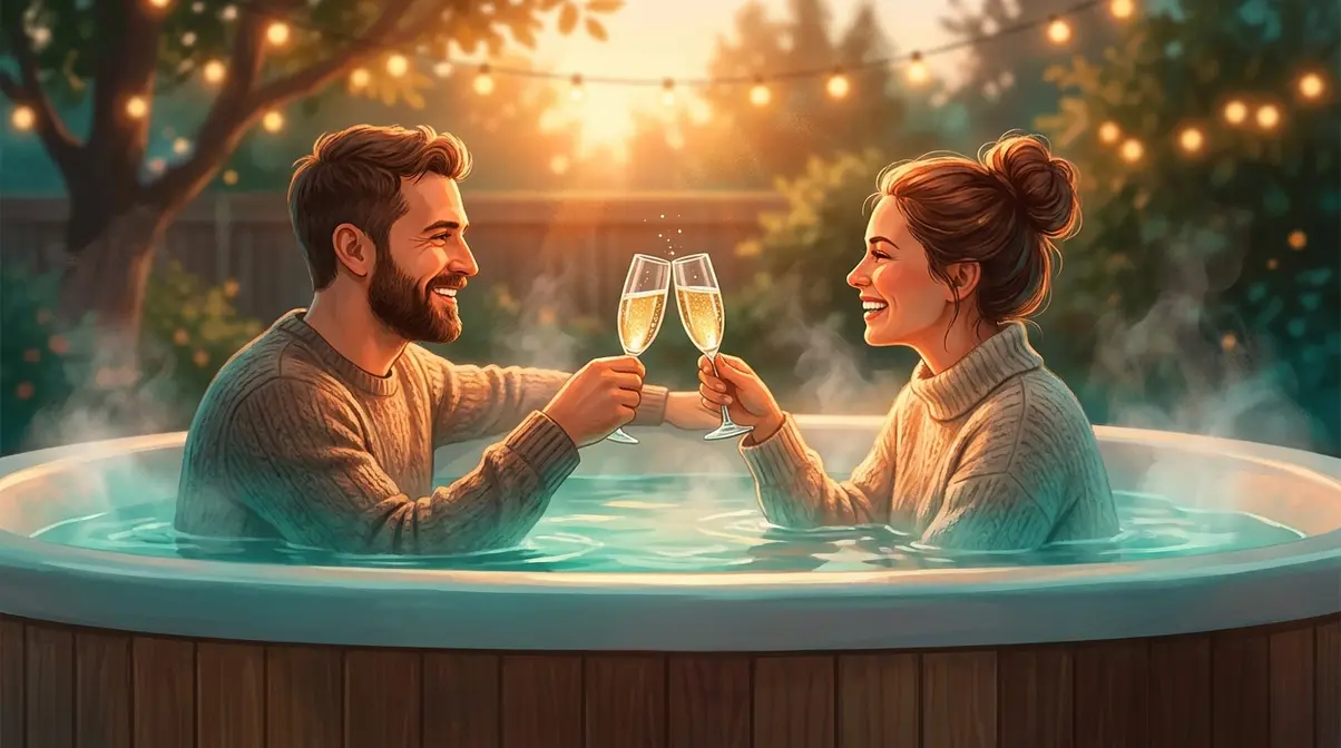 15 Hot Tub Poses for Photos: Solo, Couples & Tips 6 Romantic couples hot tub pose Face-to-Face Toast with champagne glasses raised toward each other