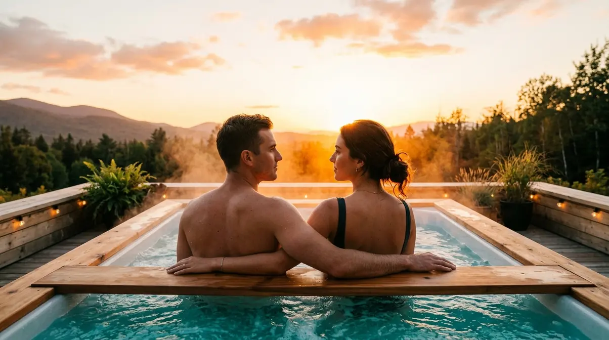 15 Hot Tub Poses for Photos: Solo, Couples & Tips 5 Romantic couples hot tub poses showing two people side by side facing a golden hour sunset