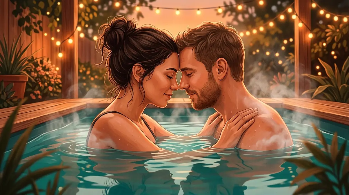 15 Hot Tub Poses for Photos: Solo, Couples & Tips 7 Couples hot tub Forehead Touch pose with foreheads together eyes closed in tender intimate moment