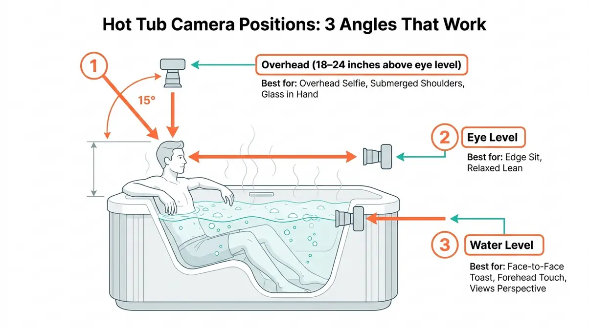 15 Hot Tub Poses for Photos: Solo, Couples & Tips 10 Hot tub photo camera angle diagram showing overhead eye level and water level shooting positions with recommended poses