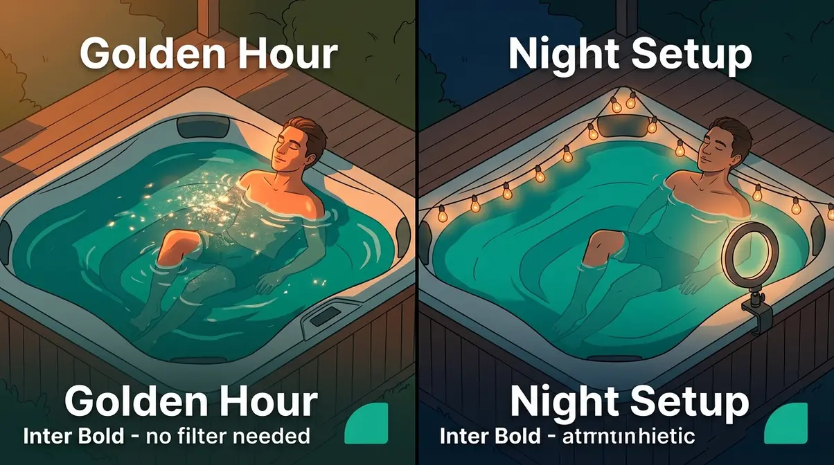 15 Hot Tub Poses for Photos: Solo, Couples & Tips 8 Hot tub photography lighting comparison showing golden hour natural light versus warm string lights at night