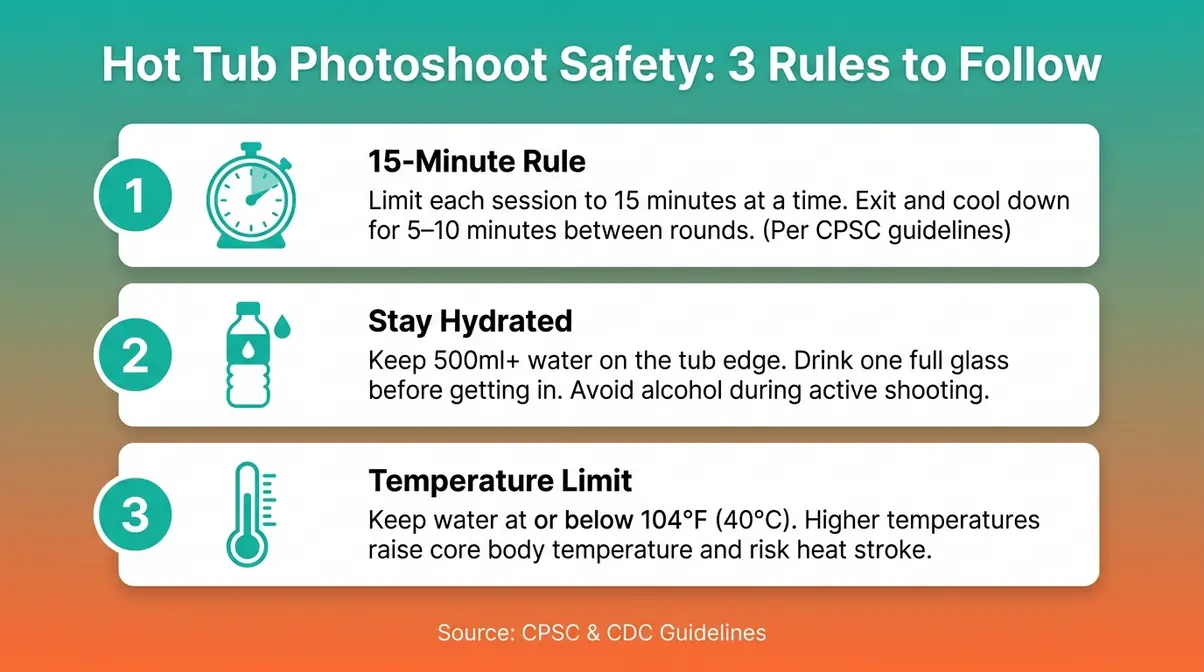 15 Hot Tub Poses for Photos: Solo, Couples & Tips 11 Hot tub safety rules infographic showing 15-minute rule hydration tips and temperature guidelines for photoshoots