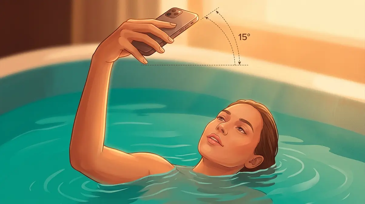 15 Hot Tub Poses for Photos: Solo, Couples & Tips 4 Overhead selfie hot tub pose with arm extended 18 to 24 inches above face at 15 degree downward angle