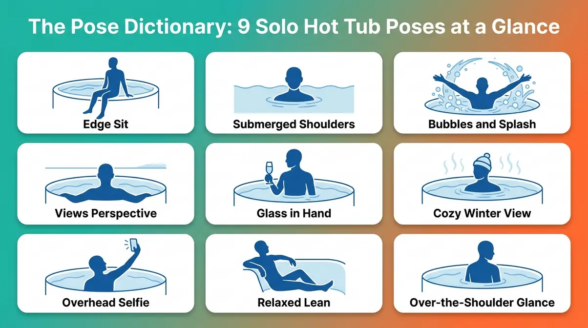 15 Hot Tub Poses for Photos: Solo, Couples & Tips 2 Hot tub poses for photos overview infographic showing 9 solo positions in a grid layout