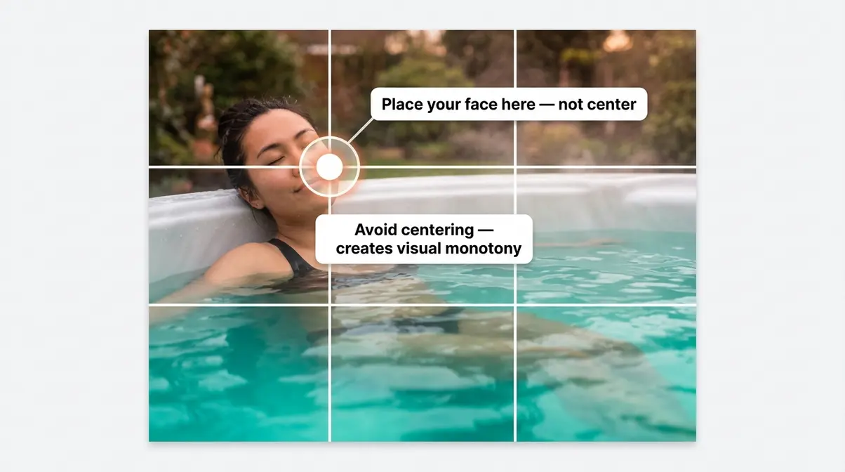 15 Hot Tub Poses for Photos: Solo, Couples & Tips 9 Rule of thirds grid overlay on hot tub selfie showing face positioned at upper left intersection point
