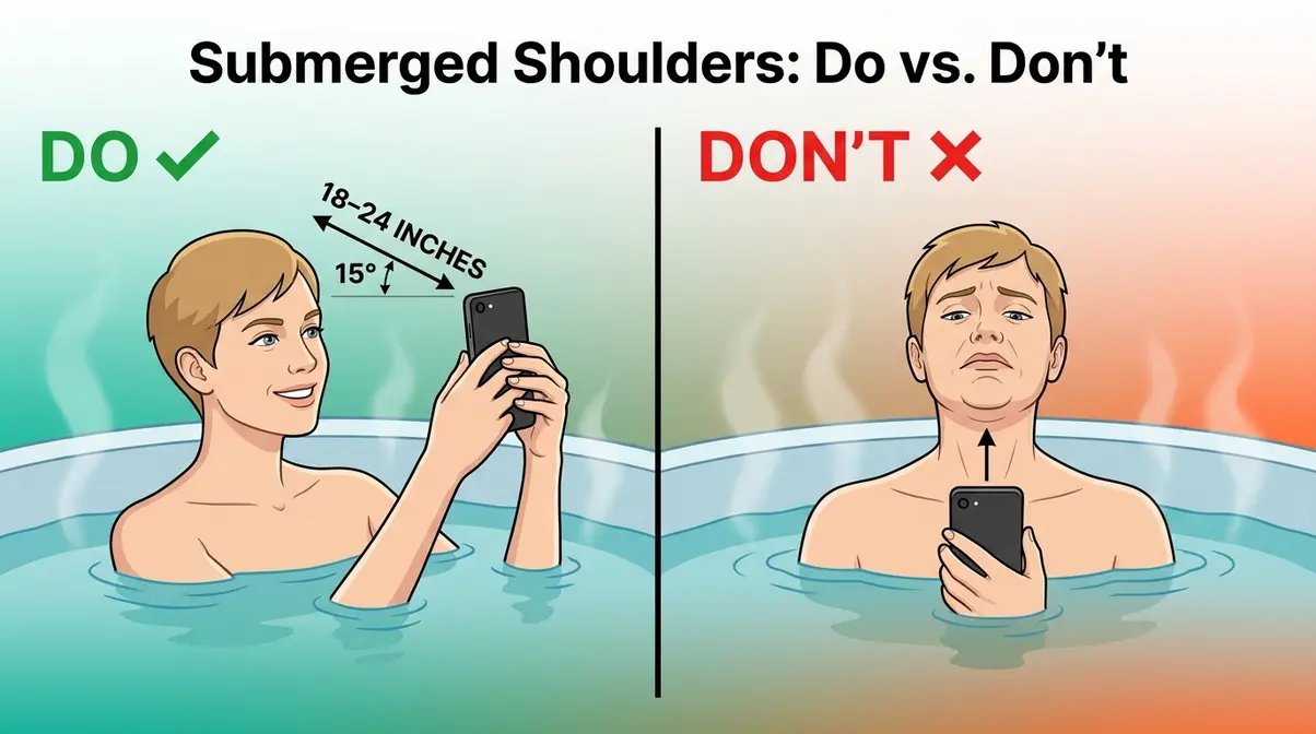 15 Hot Tub Poses for Photos: Solo, Couples & Tips 3 Do vs Don't hot tub pose diagram showing correct overhead angle versus unflattering under-chin camera perspective