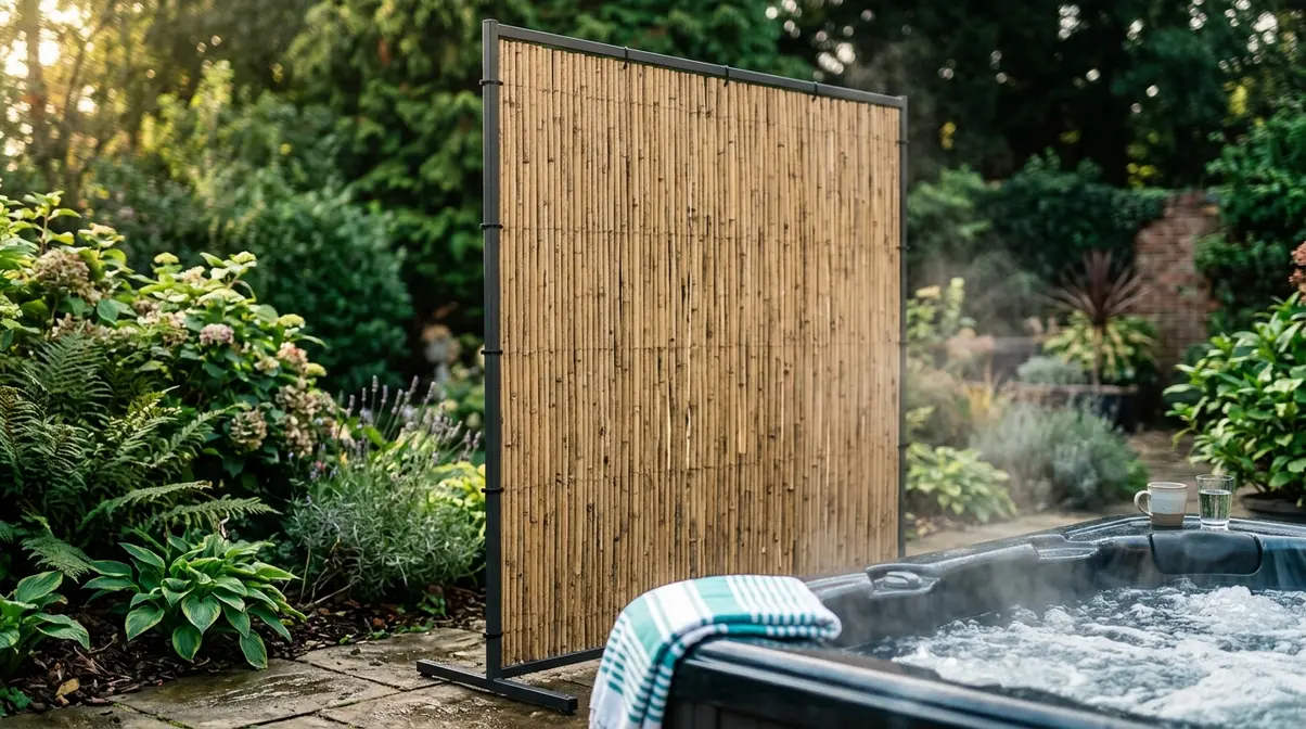 Hot Tub Privacy Ideas UK: 15 Clever Garden Screens 3 Bamboo screen panel providing fast privacy screening beside a UK garden hot tub