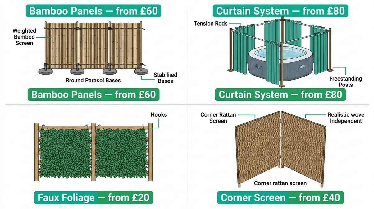 Hot Tub Privacy Ideas UK: 15 Clever Garden Screens 7 DIY renter-friendly hot tub privacy ideas showing bamboo panels curtains faux foliage and corner screens