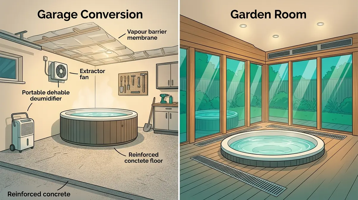 Hot Tub Privacy Ideas UK: 15 Clever Garden Screens 8 Indoor hot tub installation showing garage conversion and purpose-built garden room options for UK homes