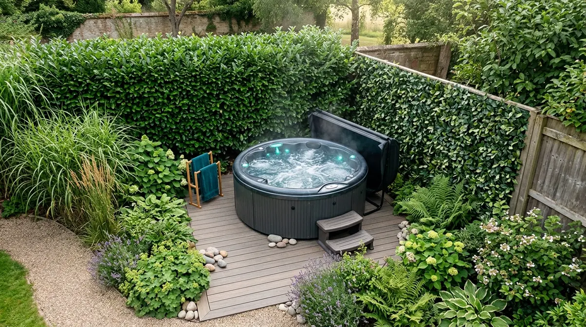 Hot Tub Privacy Ideas UK: 15 Clever Garden Screens 1 Natural hot tub privacy screening using evergreen hedge ornamental grasses and faux foliage panels in UK garden
