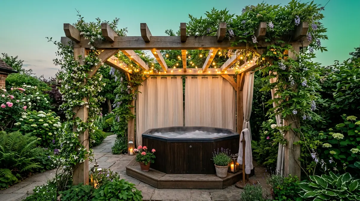 Hot Tub Privacy Ideas UK: 15 Clever Garden Screens 6 Timber pergola with climbing plants and outdoor curtains over UK garden hot tub providing privacy