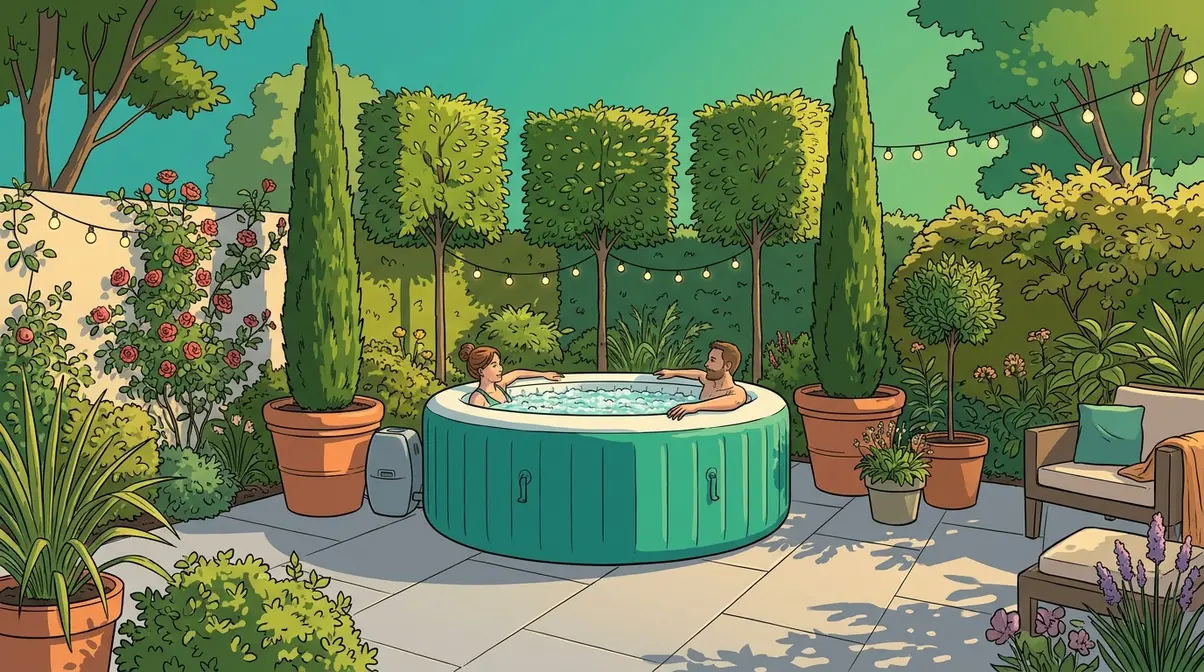Hot Tub Privacy Ideas UK: 15 Clever Garden Screens 4 Large potted columnar trees used as hot tub privacy screen in small UK garden