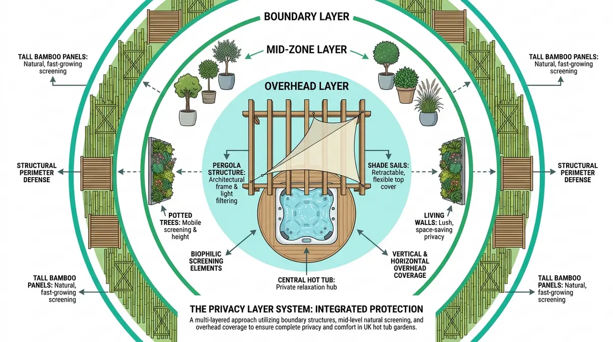 Hot Tub Privacy Ideas UK: 15 Clever Garden Screens 2 Hot tub privacy layer system diagram showing boundary mid-zone and overhead screening for UK gardens
