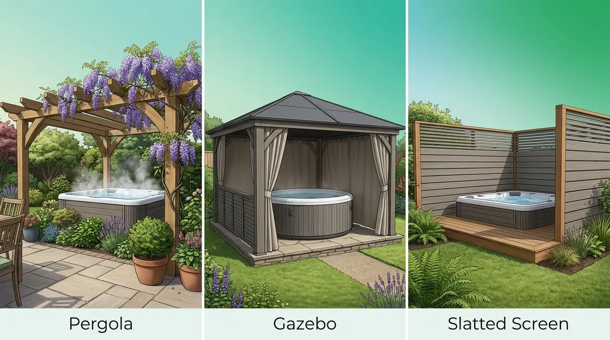Hot Tub Privacy Ideas UK: 15 Clever Garden Screens 5 Hot tub privacy ideas UK structural comparison showing pergola gazebo and slatted screen options