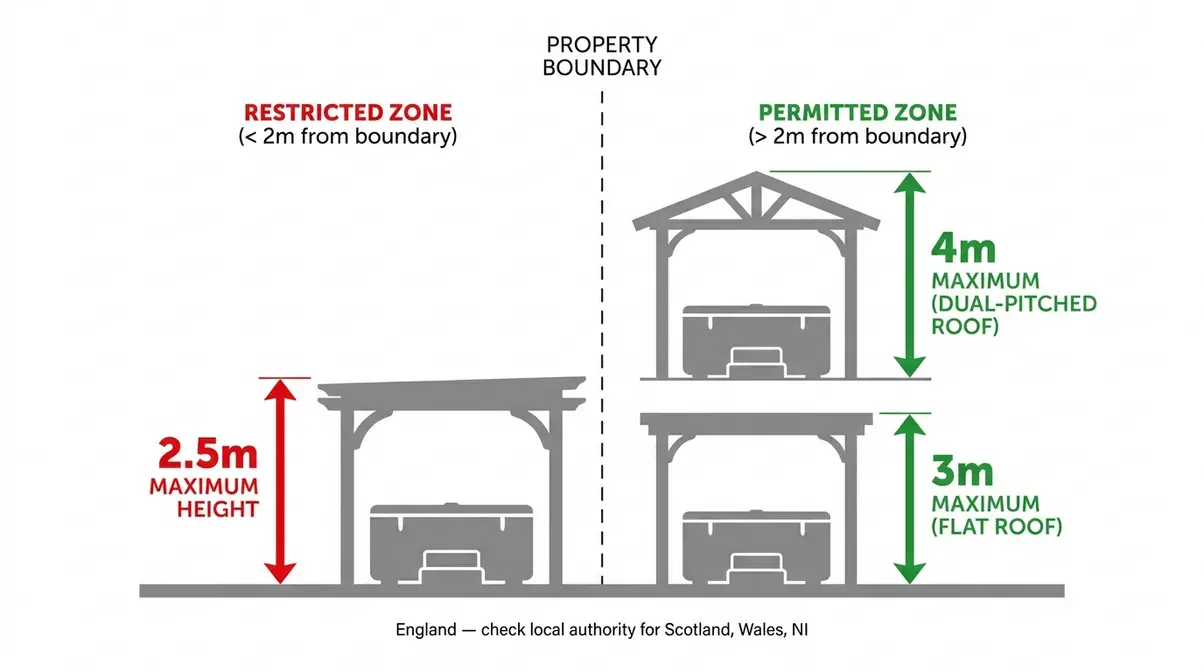 Hot Tub Privacy Ideas UK: 15 Clever Garden Screens 9 Diagram showing UK 2.5m boundary height rule for garden structures and permitted development rights