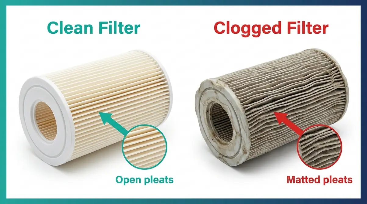 Side-by-side comparison of a clean white hot tub filter cartridge and a clogged gray filter cartridge