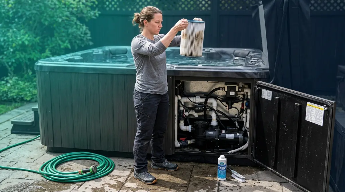 Person inspecting a hot tub filter cartridge held up to light beside an open equipment bay