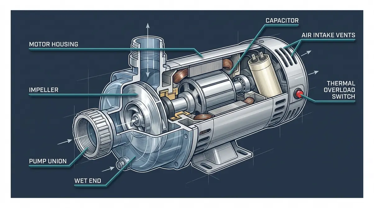 Labeled diagram of a hot tub pump showing motor housing, impeller, thermal overload switch, air intake vents, and capacitor location