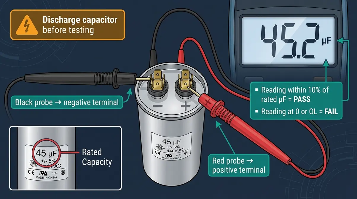 Diagram showing correct multimeter probe placement on hot tub pump capacitor terminals for microfarad testing