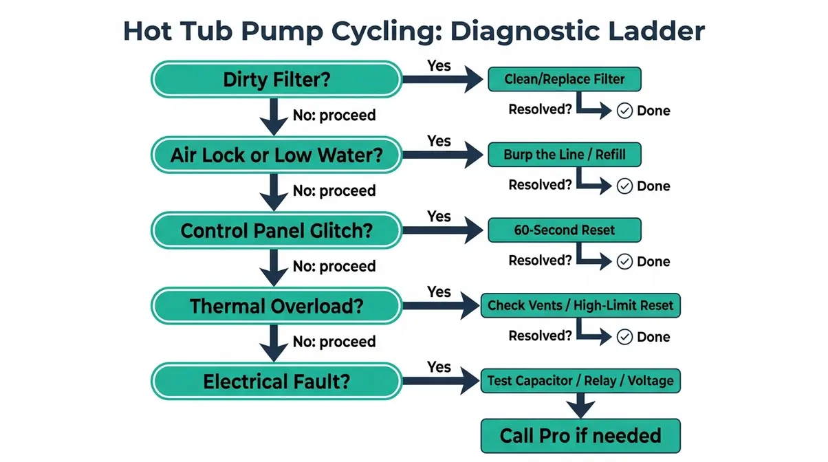 Diagnostic flowchart showing five-step Diagnostic Ladder for fixing a hot tub pump that keeps turning on and off