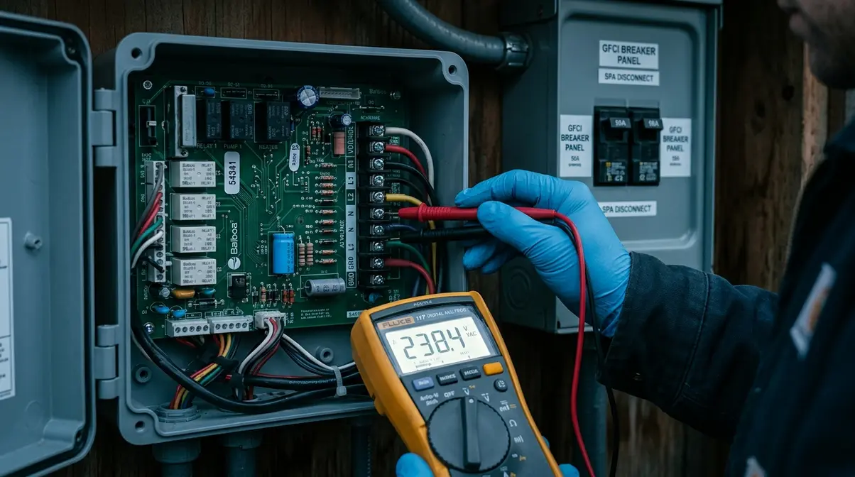 Technician testing hot tub spa pack circuit board with multimeter for electrical fault diagnosis