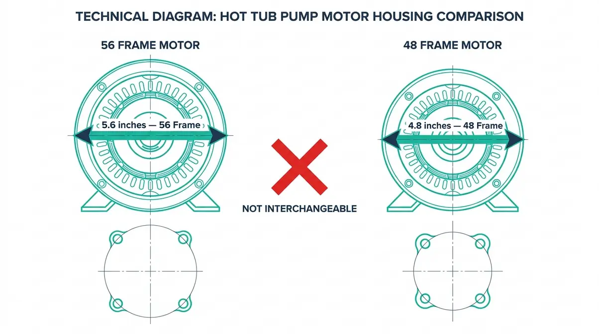 Diagram comparing 56 Frame and 48 Frame hot tub pump motor face dimensions and bolt patterns with measurements