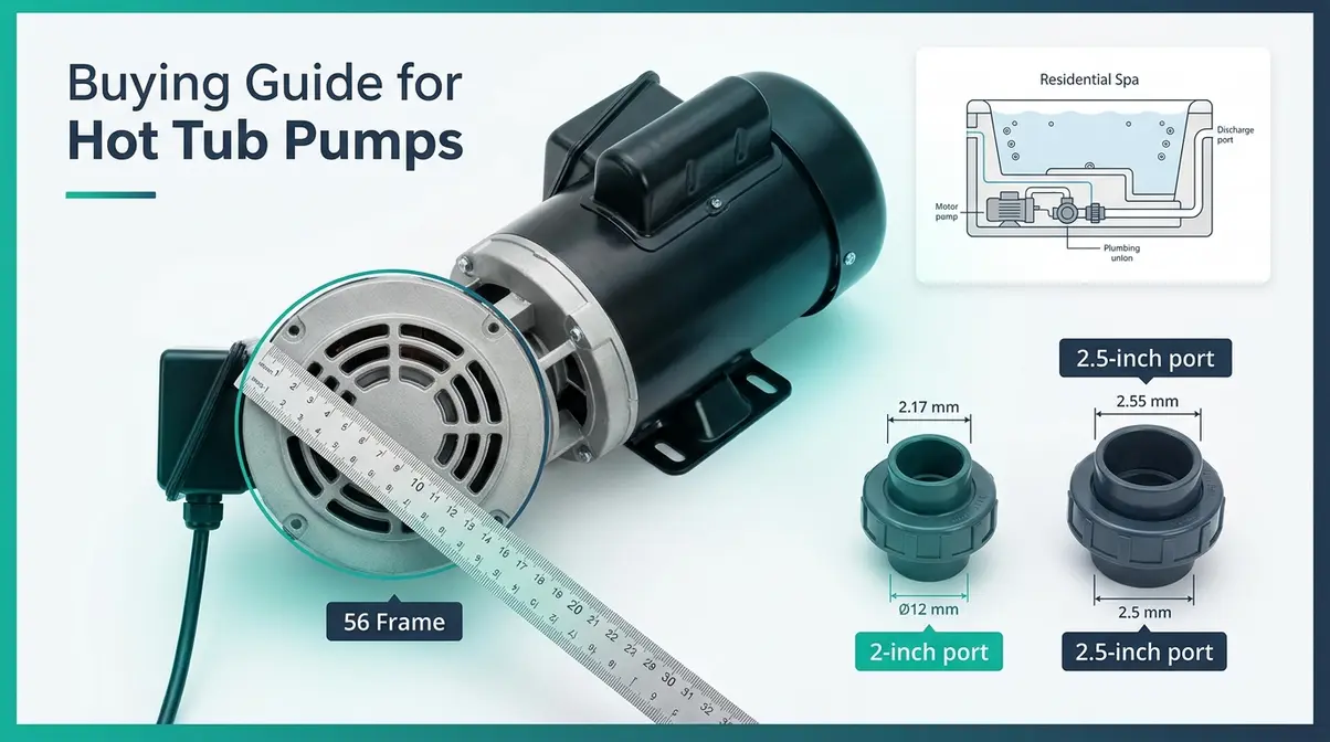 Hot tub pump buying guide showing 56 Frame motor, plumbing union fittings, and port size comparison