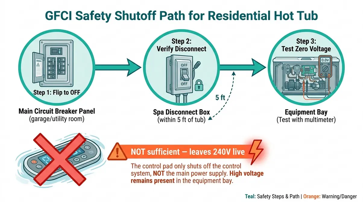 Hot Tub Repair DIY Guide: Step-by-Step Fixes (2026) 2 GFCI safety shutoff path diagram from main breaker panel to hot tub equipment bay for DIY repair