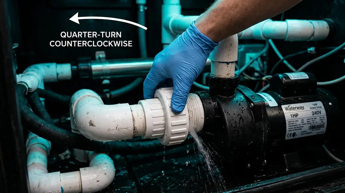 Hot Tub Repair DIY Guide: Step-by-Step Fixes (2026) 7 Hand cracking hot tub pump union fitting to release trapped airlock and restore jet pressure