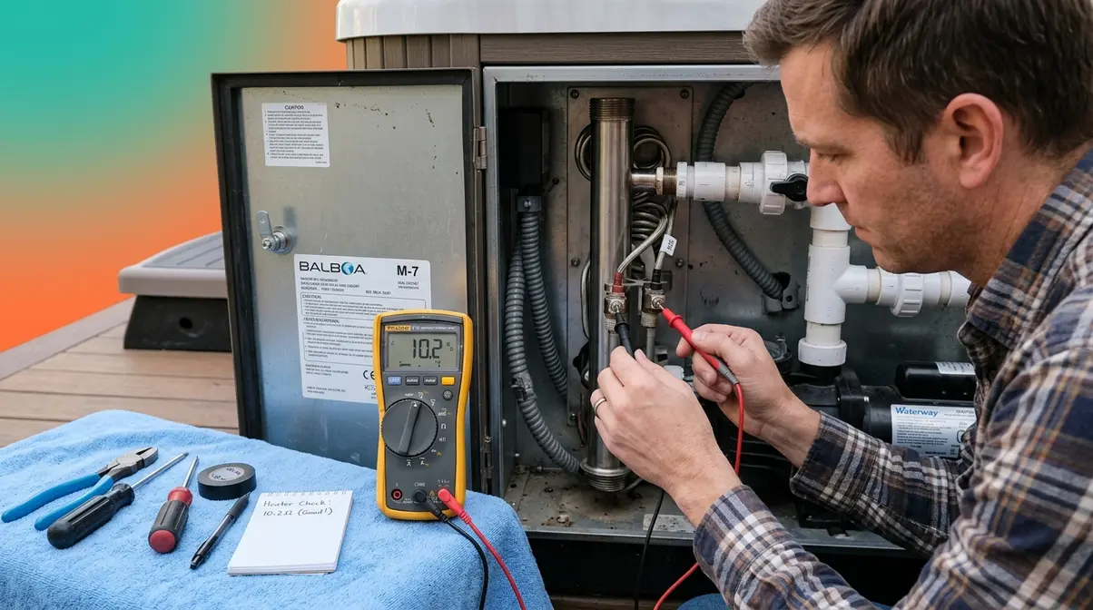 Hot Tub Repair DIY Guide: Step-by-Step Fixes (2026) 4 Homeowner testing hot tub heater element resistance with multimeter inside open equipment bay