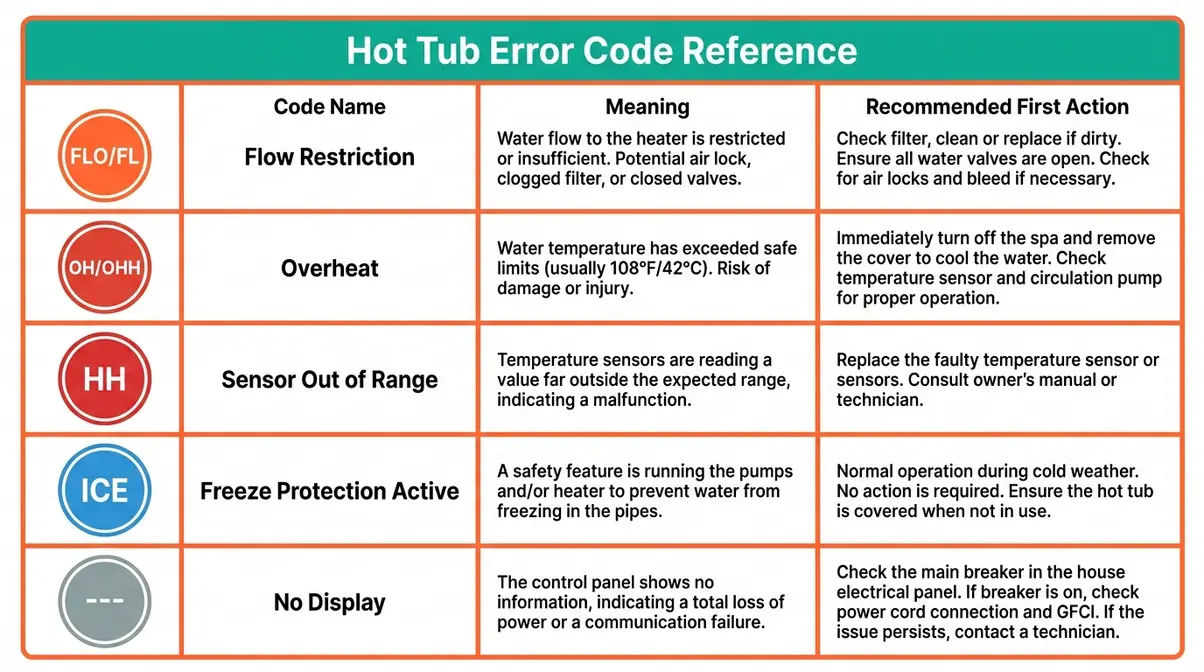 Hot Tub Repair DIY Guide: Step-by-Step Fixes (2026) 5 Hot tub control panel error code diagnostic chart showing FLO, OH, HH fault codes and fixes