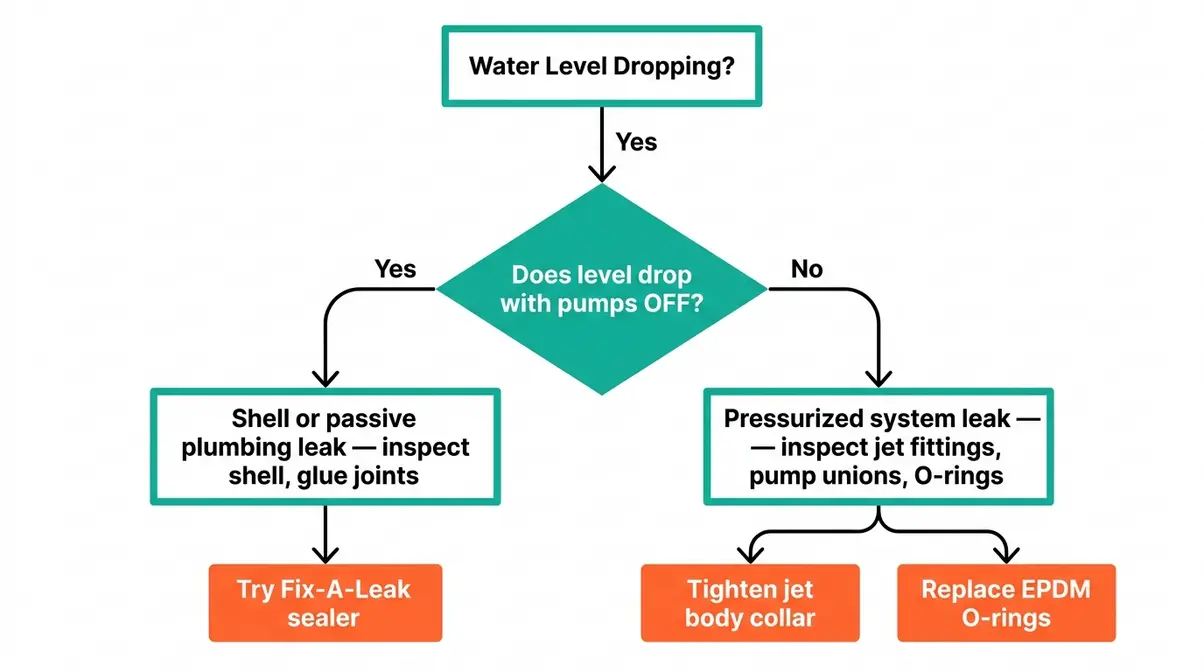 Hot Tub Repair DIY Guide: Step-by-Step Fixes (2026) 10 Hot tub leak detection flowchart showing decision path from water loss symptom to correct repair action