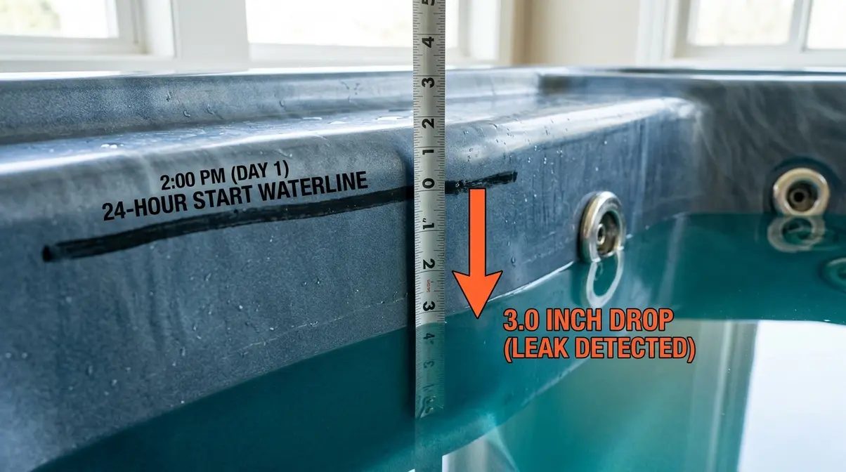 Hot Tub Repair DIY Guide: Step-by-Step Fixes (2026) 6 Hot tub waterline grease pencil mark showing water level drop during 24-hour static leak detection test