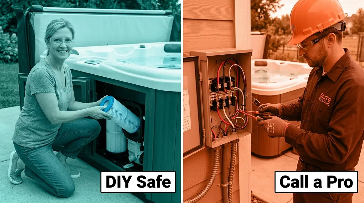 Hot Tub Repair DIY Guide: Step-by-Step Fixes (2026) 3 Split image showing DIY-safe hot tub filter replacement versus licensed electrician required for 240V wiring