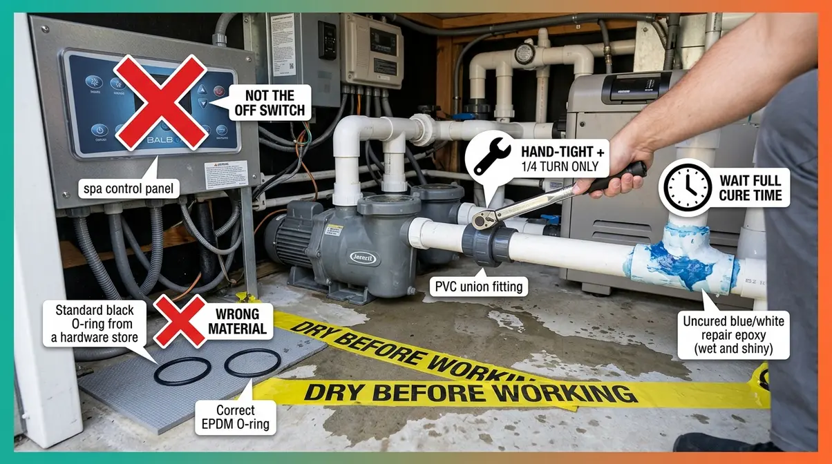Hot Tub Repair DIY Guide: Step-by-Step Fixes (2026) 11 Hot tub equipment bay showing five common DIY repair safety mistakes marked with visual warning indicators
