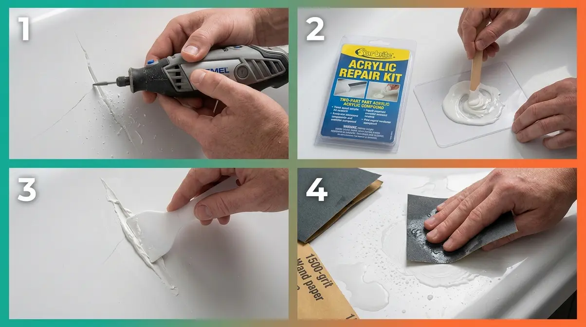 Hot Tub Repair DIY Guide: Step-by-Step Fixes (2026) 9 Hot tub acrylic shell crack repair process showing V-groove preparation, compound application, and wet sanding
