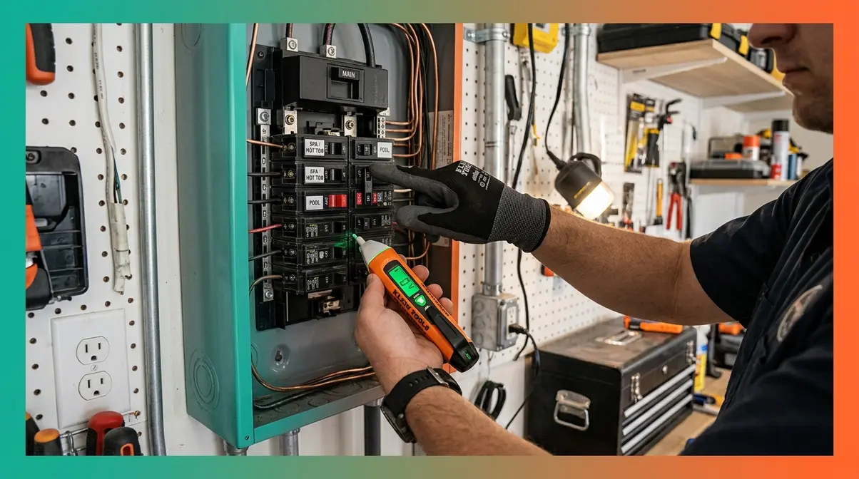 Hot Tub Repair DIY Guide: Step-by-Step Fixes (2026) 1 Homeowner flipping hot tub GFCI circuit breaker to OFF position before DIY repair using voltage tester