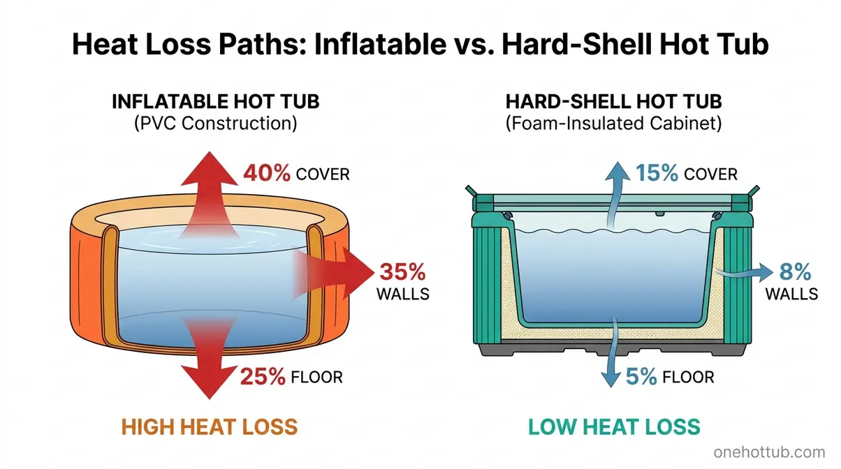 Diagram comparing heat loss paths in inflatable versus hard-shell hot tubs showing percentage loss at walls, floor, and cover