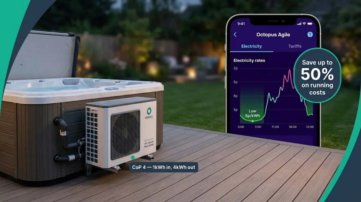 Air source heat pump beside hot tub with smart energy tariff app showing 50 percent electricity bill savings