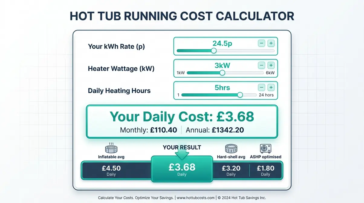 Hot tub running costs UK calculator showing daily electricity cost inputs for kWh rate and heater wattage