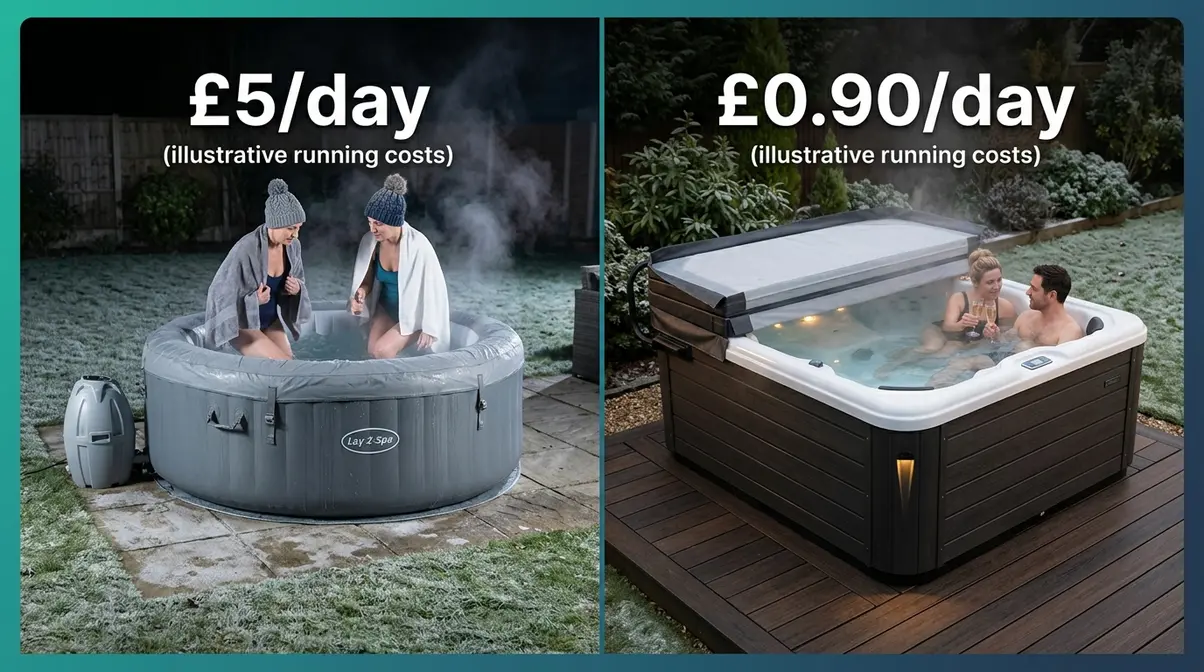 Inflatable lazy spa versus hard-shell hot tub showing daily running cost difference in UK winter
