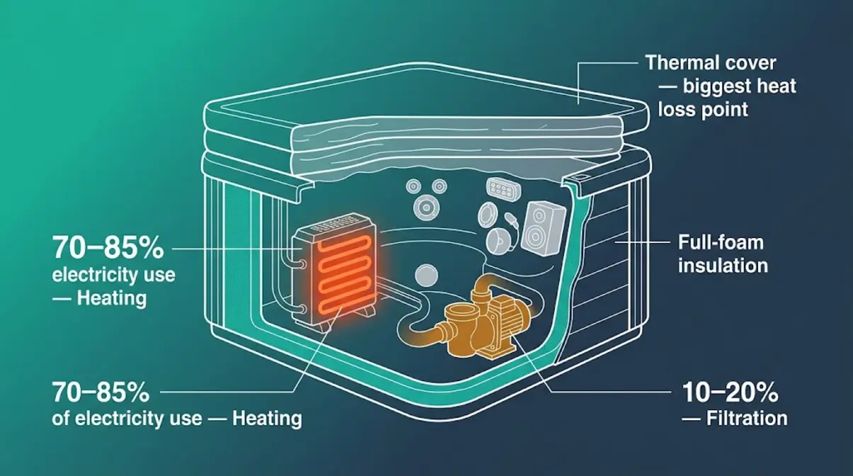 Hot tub energy breakdown diagram showing heating accounts for 70 to 85 percent of total electricity consumption