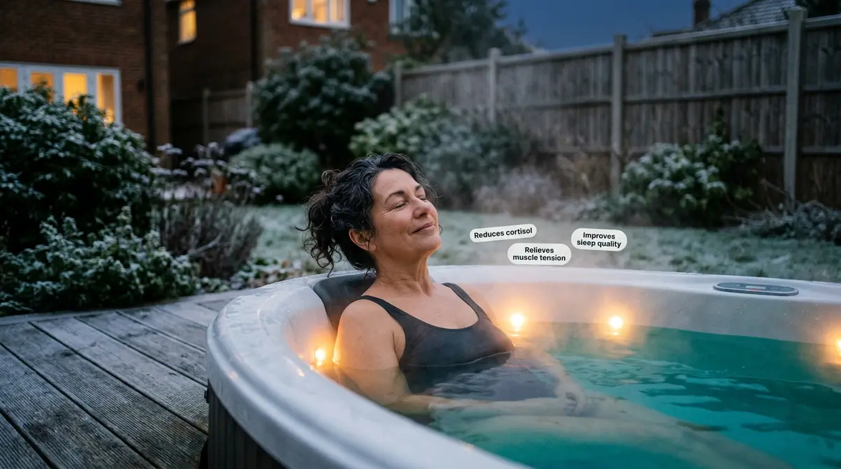 Person relaxing in outdoor hot tub showing hydrotherapy health benefits including cortisol reduction and muscle relief