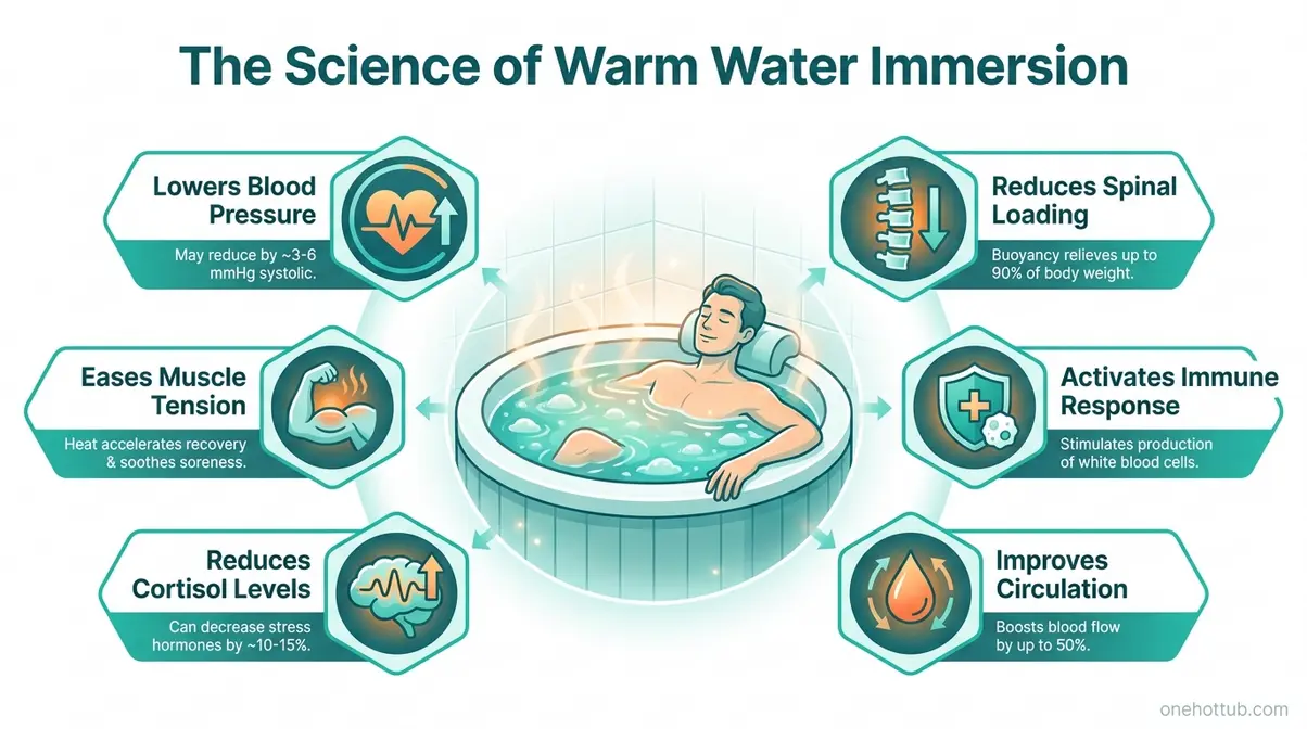 Infographic showing physiological health benefits of hot tub use including cortisol reduction, lower blood pressure, and spinal relief