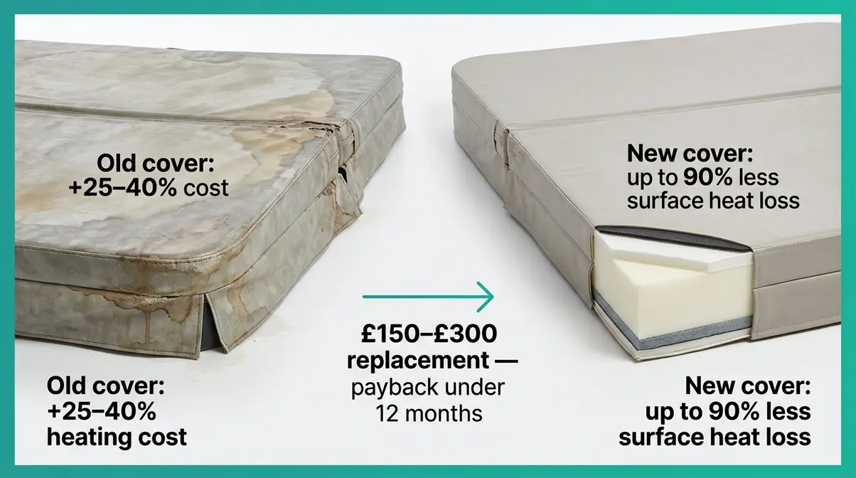 Worn hot tub cover versus new premium thermal cover showing heat loss reduction and payback period